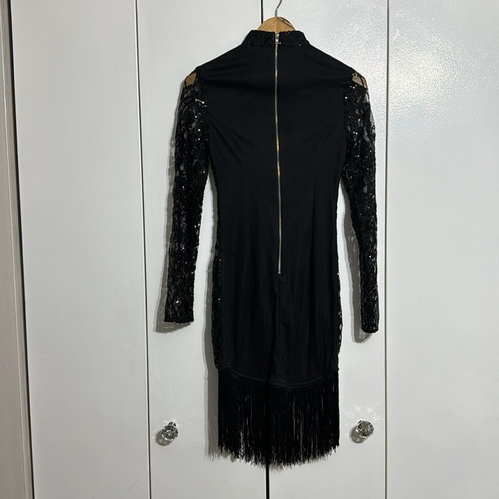 PrettyLittleThing Black Long Sleeve Sequin Tassel Hem Bodycon Dress Size 2 - Picture 8 of 8